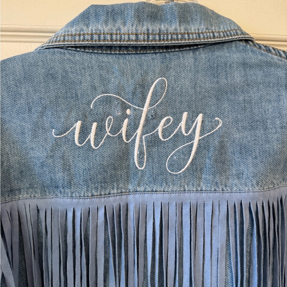 Denim Jacket with Fringe and 'Wifey' Embroidery